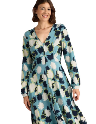 Women's Long Sleeve Megan Midi Jersey Dress in Blue Floral (Imperfect)