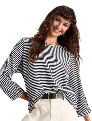 Women's Long Sleeve Demi Dolman Sleeve Striped T-shirt in Navy