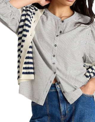 Women's 3/4th Sleeve Navy Stripe Mix Shirt in White