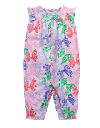 Mini Boden Kids Woven Ruffle Sleeve Romper in French Pink Bow