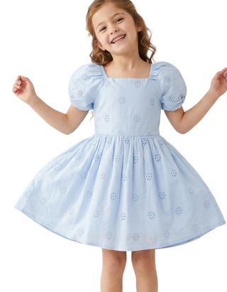 John Lewis & Partners Girls' Puff Sleeve Broderie Dress in Blue