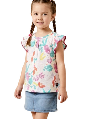 Carrement Beau Girls' Tropical Print Embroidery Flounces Top in White Mix