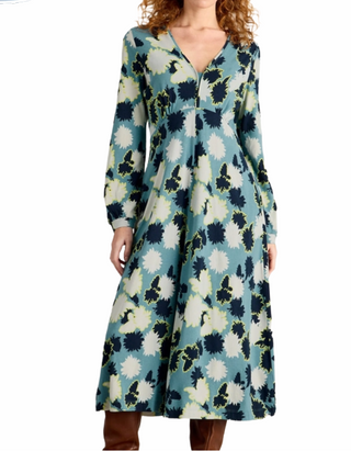 Women's Long Sleeve Megan Midi Jersey Dress in Blue Floral (Imperfect)
