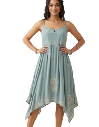 Women's Sleeveless Embroidered Hanky Hem Indigo Dress in Turquoise