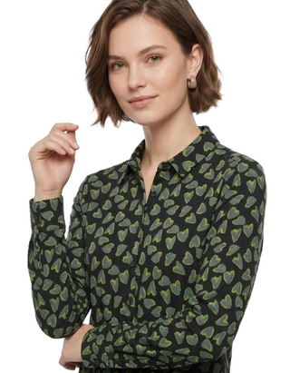 Women's Long Sleeve Heart Printed Jersey Shirt in Black Mix