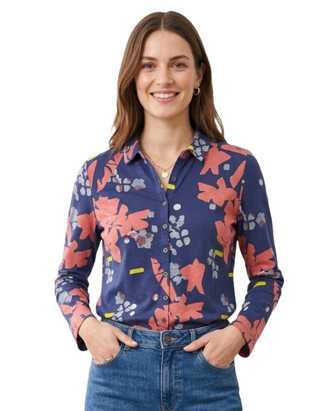 Women's Long Sleeve Abstract Floral Print Jersey Shirt in Navy (Imperfect)