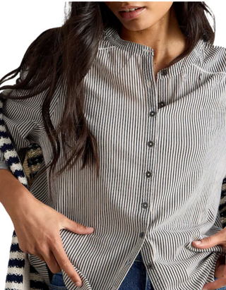 Women's 3/4th Sleeve Navy Stripe Mix Shirt in White