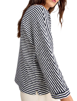 Women's Long Sleeve Demi Dolman Sleeve Striped T-shirt in Navy