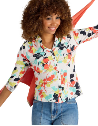 Women's Long Sleeve Annie Printed Jersey Cotton Shirt in White Mix