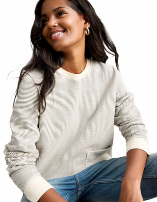 Women's Long Sleeve Stripe Crew Neck Sweatshirt in White