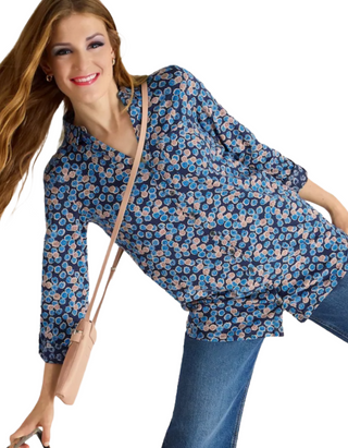Women's Annie Longline Floral Printed Cotton Shirt in Navy Mix