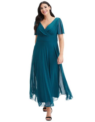 Scarlett & Jo Curve Plus Size  Isabelle Angel Sleeve Maxi Dress in Teal Blue