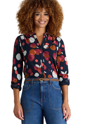 Women's Long Sleeve Annie Printed Jersey Cotton Shirt in Navy Plum