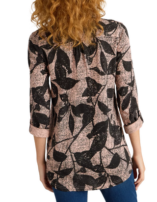 Women's Annie Longline Leaf Printed Cotton Shirt in Black Mix