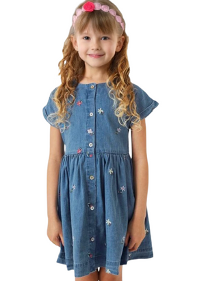 John Lewis Girl's Embroidered SS Chambray Shirt Dress in Blue/Multi (Imperfect)