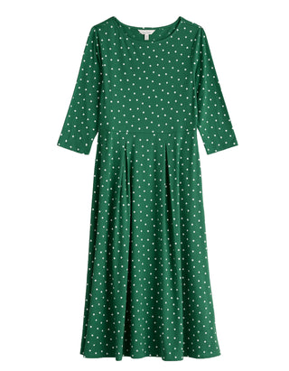 Women's 3/4 Sleeve Wild Bouquet Fit & Flare Dress in Green Polka Dot (IMPERFECT)