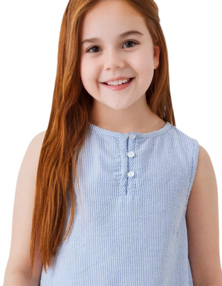 Girl’s Sleeveless Stripe Ruffle Hem Dress in Blue (IMPERFECT)