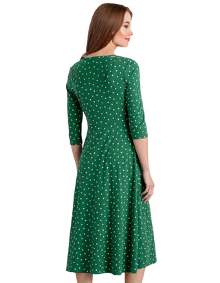 Women's 3/4 Sleeve Wild Bouquet Fit & Flare Dress in Green Polka Dot (IMPERFECT)