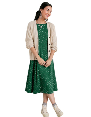 Women's 3/4 Sleeve Wild Bouquet Fit & Flare Dress in Green Polka Dot (IMPERFECT)