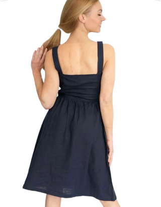 Women's Sleeveless Linen Blend Square Neck Summer  Dress in Navy