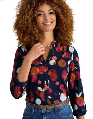 Women's Long Sleeve Annie Printed Jersey Cotton Shirt in Navy Plum