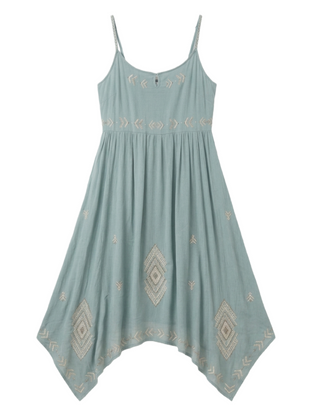 Women's Sleeveless Embroidered Hanky Hem Indigo Dress in Turquoise