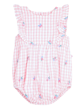 JoJo Maman Bébé Gingham Floral Embroidered Bubble Romper in Pink