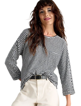 Women's Long Sleeve Demi Dolman Sleeve Striped T-shirt in Navy