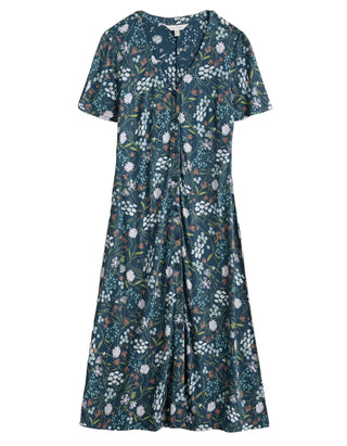 Women's Short Sleeve Lilian Tea Dress in Teal Blue Sketched Field Light
