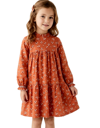Girls' Long Sleeve  Autumn Bloom Ruffle Dress in Orange