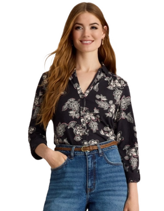 Women's Long Sleeve Annie Floral Printed Jersey Cotton Shirt in Black