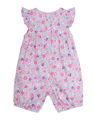 Jojo Maman Applique Pockets Ruffle Shoulder Embroidered Sunsuit in Strawberry Pink