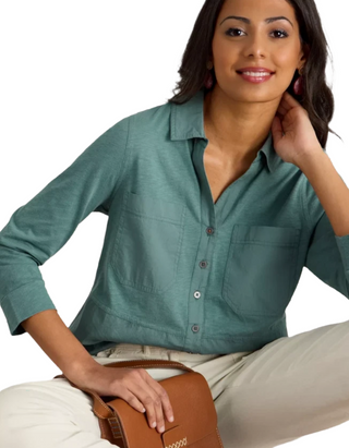 Women's Long Sleeve Longline Jersey Mix Shirt in Dusty Green (Imperfect)