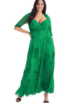 Women's Elizabeth Velvet Flocked Mesh Maxi Gown in Green