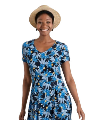 Women's Short Sleeve Pier View Jersey Dress in Blue Flower (IMPERFECT)