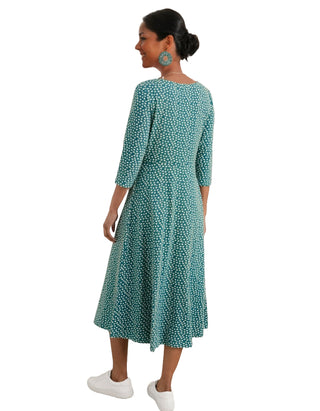 Women's 3/4 Sleeve Wild Bouquet Dress in Green Speckled Petals (IMPERFECT)