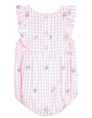 JoJo Maman Bébé Gingham Floral Embroidered Bubble Romper in Pink