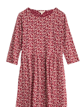 Women's 3/4 Sleeve Guelder Rose Organic Cotton Jersey Dress in Red