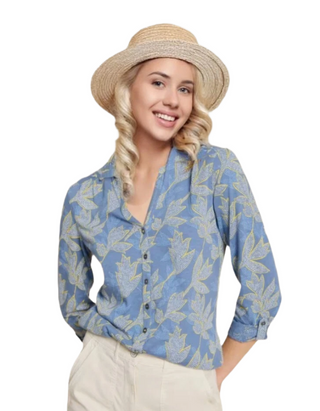 Women's Annie Leaf Printed Cotton Shirt in Blue Multi