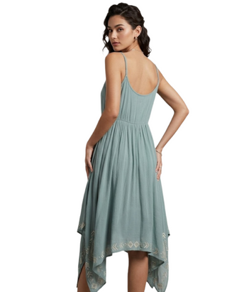 Women's Sleeveless Embroidered Hanky Hem Indigo Dress in Turquoise