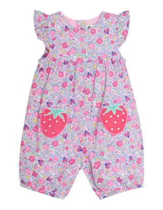 Jojo Maman Applique Pockets Ruffle Shoulder Embroidered Sunsuit in Strawberry Pink
