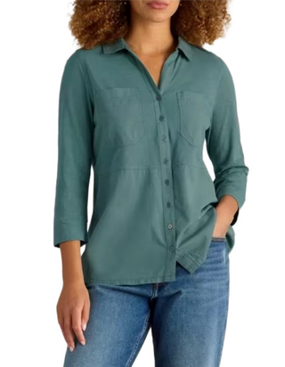 Women's Long Sleeve Longline Jersey Mix Shirt in Dusty Green (Imperfect)