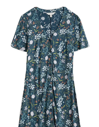 Women's Short Sleeve Lilian Tea Dress in Teal Blue Sketched Field Light