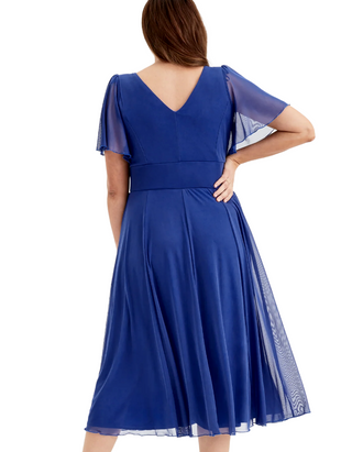Scarlett & Jo Plus Size Victoria Solid Angel Sleeve Mesh Midi Dress in Royal Blue