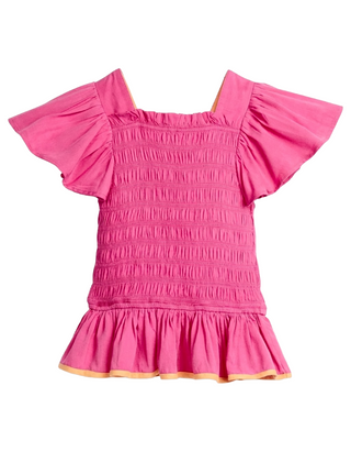 Bisby Girls' Smocked Flutter Sleeve Top in Vibrant Pink