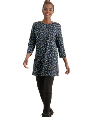 Women's 3/4 Sleeve Tall Waves Tunic in Navy (IMPERFECT)