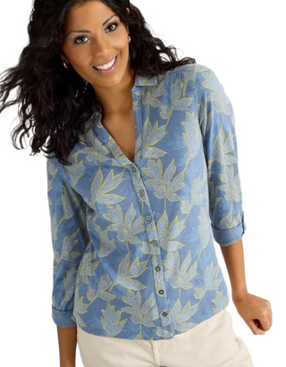 Women's Annie Leaf Printed Cotton Shirt in Blue Multi