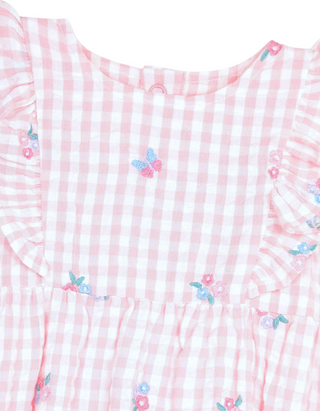 JoJo Maman Bébé Gingham Floral Embroidered Bubble Romper in Pink