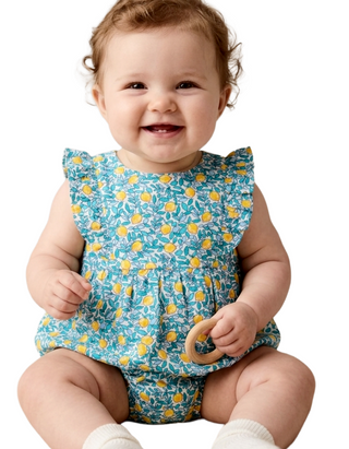 Jojo Maman Bebe Floral Frill Bubble Romper in Blue Lemon Blooms