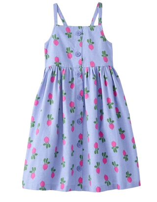 Girls Printed Sleeveless Linen Midi Dress in Blue Veggies